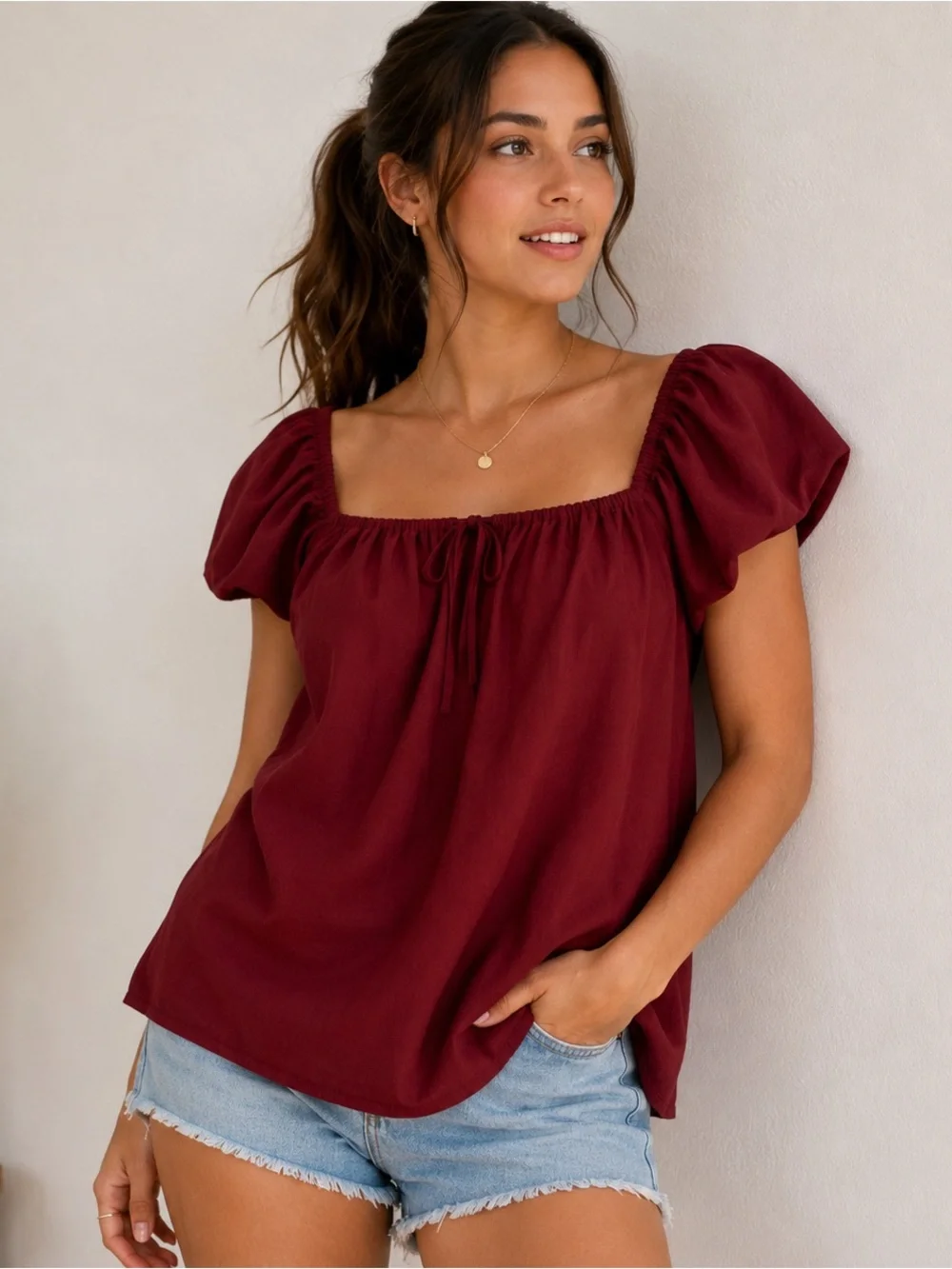 Abercrombie & Fitch Women's Blouse S Burgundy Square Neck Puff Sleeve Ruffle